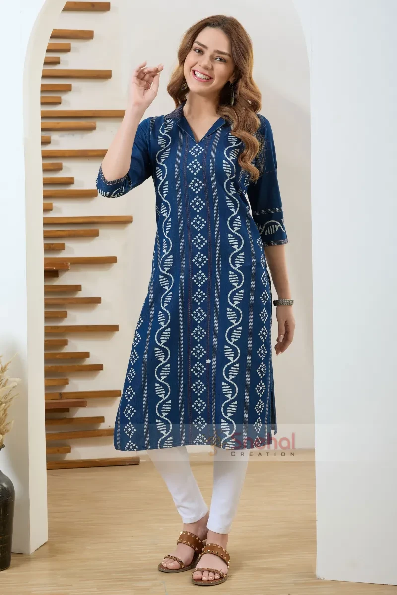 Denim Designer Long Kurti Blue Long Denim Batic Print Kurta With Thread Work and Coat Collar